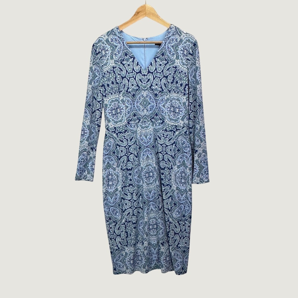Maggy London Sheath Dress 10 Blue Paisley Long Sleeve Modest Officecore Chic